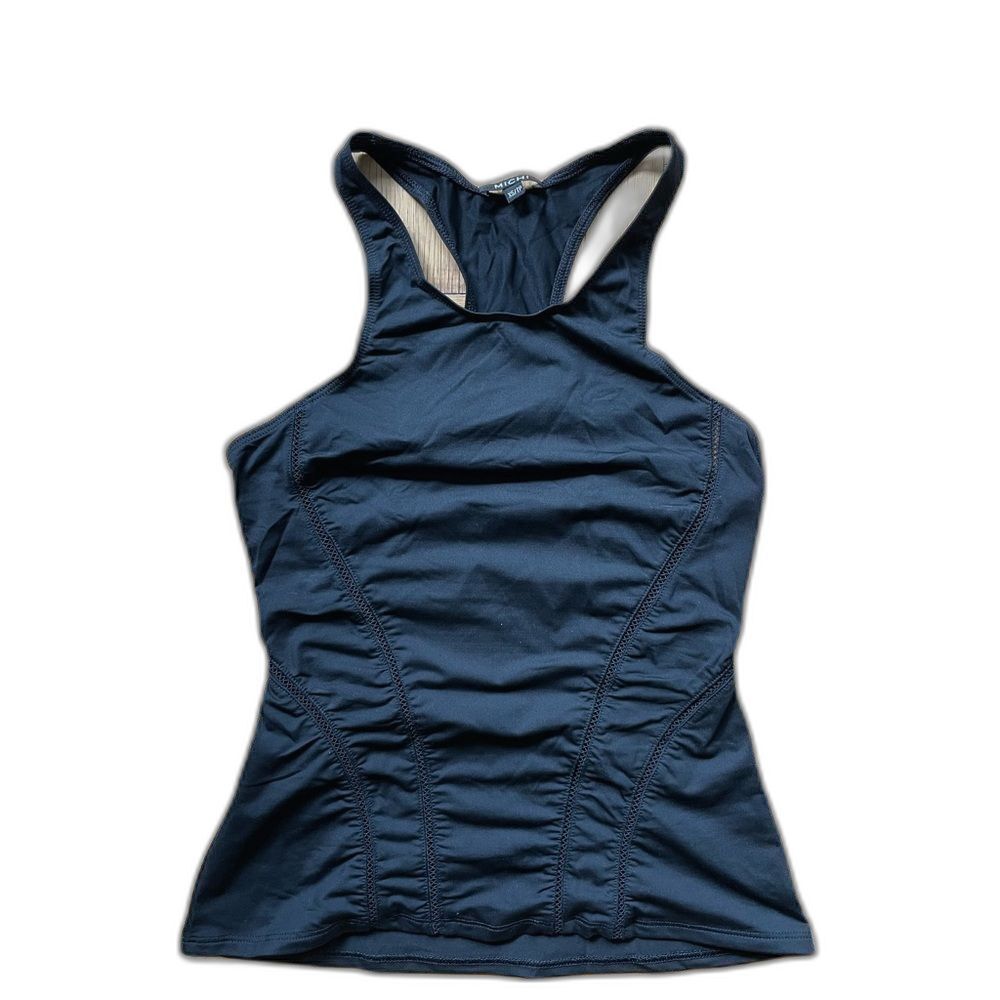 NWOT $120 Michi Black Halterneck Racerback Tank w/ contoured mesh seams, Size XS